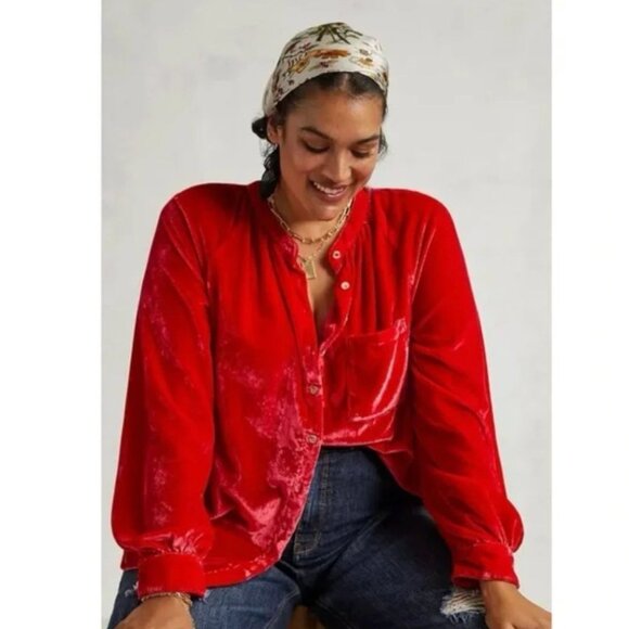 Anthropologie Pilcro Puff-Sleeved Red Velvet Buttondown Shirt Top L - Picture 2 of 6